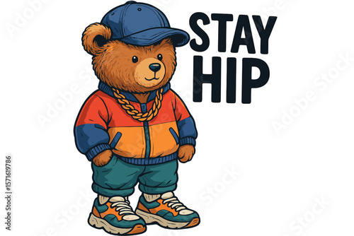 Trendy bear character in streetwear attire promoting a cool lifestyle with a catchy phrase