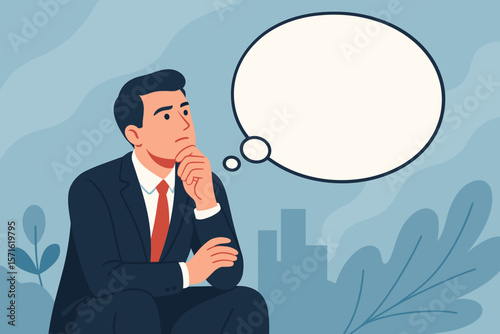 Businessman thinking, contemplating a problem or solution. Man in suit with hand on chin and a blank thought bubble. Concept for ambition, business strategy, vision, creativity.