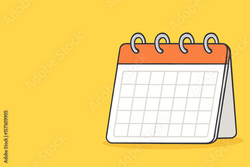 Blank desk calendar vector illustration on a yellow background with copy space. Business planning, event schedule, appointment reminder, and time management concept. Flat design.