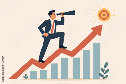 Business vision for success. Confident businessman with telescope walks on growing chart arrow looking at future goal. Motivation, forecast, challenge, career path concept.