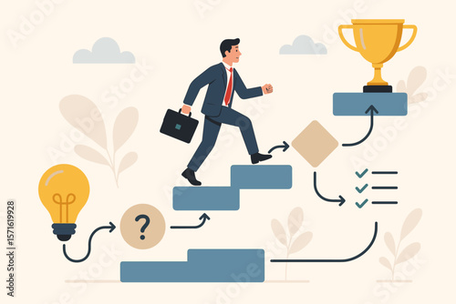 Winning plan to success. Strategy steps to reach a career goal. Businessman on a journey of project management and idea development. Flowchart concept to succeed and win a trophy.