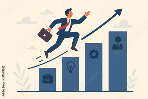 Businessman runs on a growth chart, a concept for career path and skill development. Leadership, motivation, job progress, work experience, promotion, and business success.