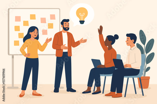 Diverse business people in a workshop meeting. Creative team brainstorming new ideas. Training course or seminar with a Q&A session. Woman raising hand to ask a question.