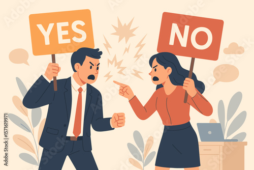 Yes No conflict concept. Man and woman arguing. Office rivalry or disagreement. Business debate, dispute, and struggle. Opposing opinions, confrontation between colleagues.