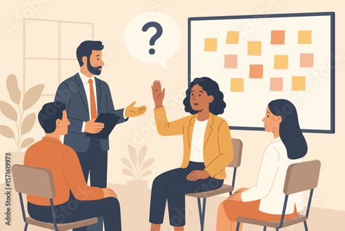 Business workshop and training course concept. Woman raising hand to ask a question during a meeting. Q&A session, team brainstorming for new ideas, corporate seminar.