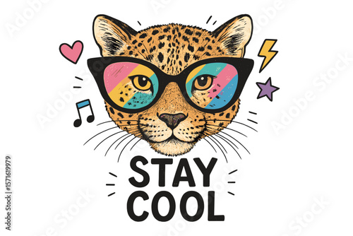 Cool leopard wearing oversized sunglasses with colorful lenses and playful design elements expresses a fun and relaxed vibe