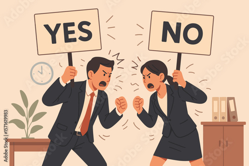 Businessman and businesswoman arguing with Yes and No signs. Office conflict, debate, and disagreement concept. Workplace rivalry, dispute, and confrontation between colleagues.