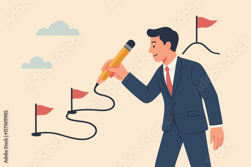 Workflow concept. Businessman drawing a path to success. Project progress and milestone tracking. Career journey and work experience roadmap. Goal achievement strategy vector.