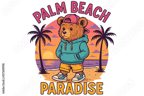 Charming teddy bear in casual attire enjoying sunset at a beach in Palm Beach