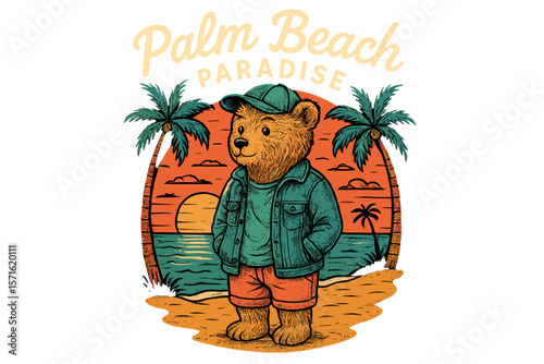 Bear in casual outfit stands on beach at sunset in Palm Beach with palm trees around