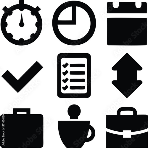 Productivity and Work Icons Set Featuring Stopwatch, Checklist, Calendar, and More - Vector Design for Efficiency and Time Management