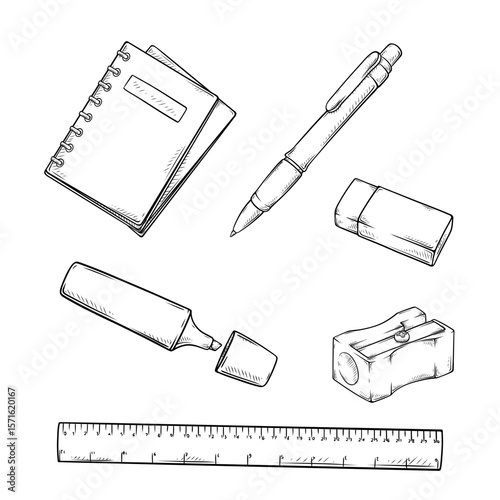 stationery set collection hand drawn line art illustrations