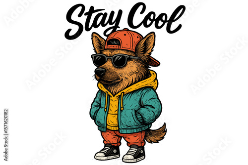 Cool dog character wearing sunglasses and stylish outfit in urban setting with streetwear vibes