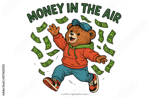 Cute bear wearing a cap and a hoodie joyfully running with dollar bills scattered around