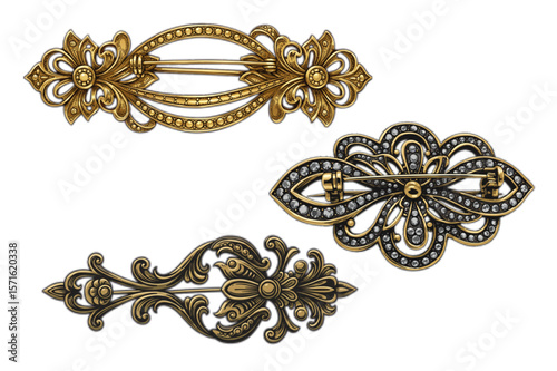 Antique gold brooches with intricate details evoke vintage style and timeless elegance, suitable for various design projects or ornamental applications.