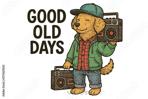 Nostalgic dog character in retro attire celebrating good old days with boomboxes in a fun and vibrant illustration