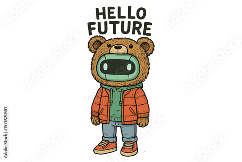Bear character stands confidently with a futuristic head and a cheerful expression, greeting with the words hello future in bright colors