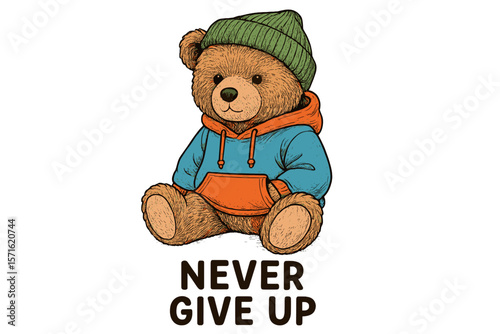 Cute bear character shows positive message about perseverance and determination, dressed in a hoodie and beanie
