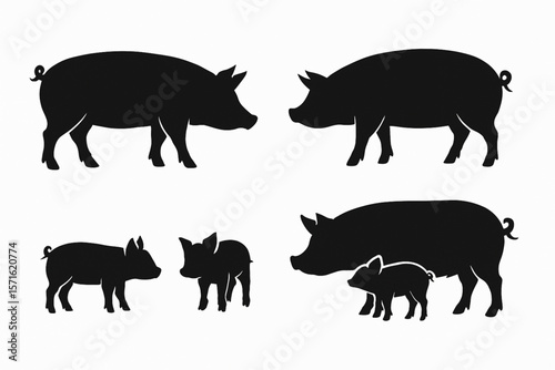 Pig and Piglet Silhouette Vector Set — Farm Animal Icons on White Background