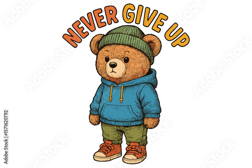 Cute bear character promoting perseverance in a colorful design with motivational message displayed overhead