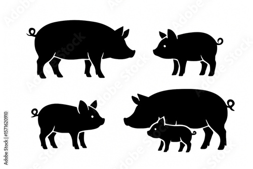 Pig and Piglet Silhouette Vector Set — Farm Animal Icons on White Background