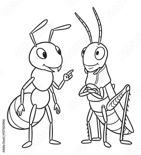 Cartoon Illustration of an Ant Lecturing a Grasshopper in Black and White Outline