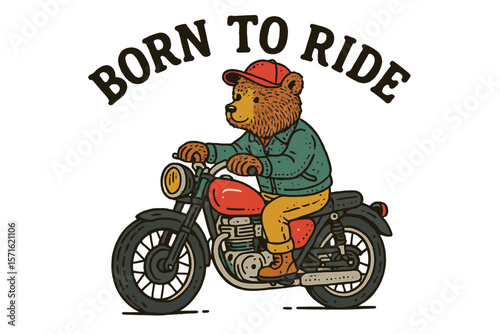Bear on motorcycle enjoying a ride, showcasing a playful and adventurous spirit in a charming illustration