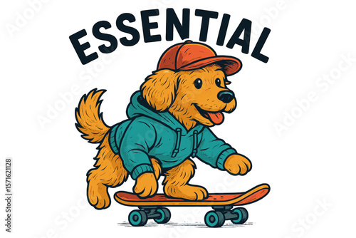 Golden retriever puppy skateboarding in a vibrant hoodie with a cap having fun outdoors