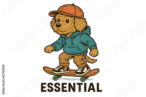 Skateboarding dog character wearing a cap and hoodie rolls on a skateboard in an animated style