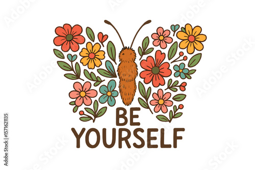 Colorful butterfly illustration with flowers promoting self-expression in a whimsical design for creativity enthusiasts