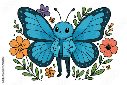 Unique cartoon character with butterfly wings and a hoodie surrounded by colorful flowers and leaves in a vibrant setting