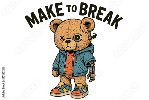 Unique bear character with robotic arm and stylish clothing in an urban setting