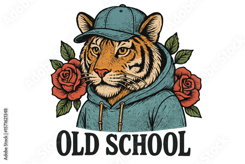 Stylized tiger wearing a hoodie and cap surrounded by roses with old school lettering at a streetwear design