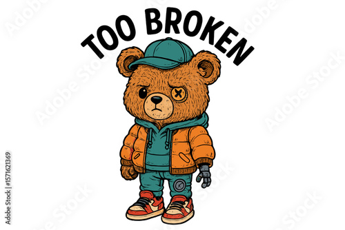 Bear character in orange jacket with mechanical arm and playful style against a bold text background