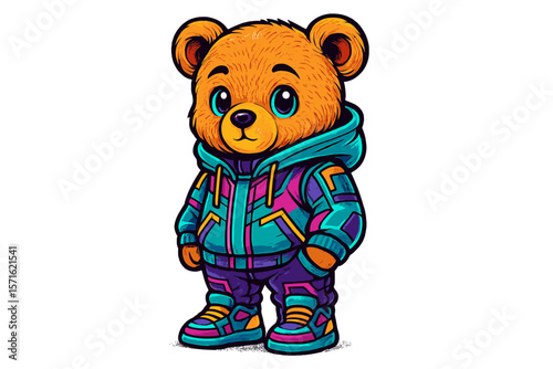 Cute cartoon bear in colorful hoodie stands confidently, showcasing a playful and stylish urban look