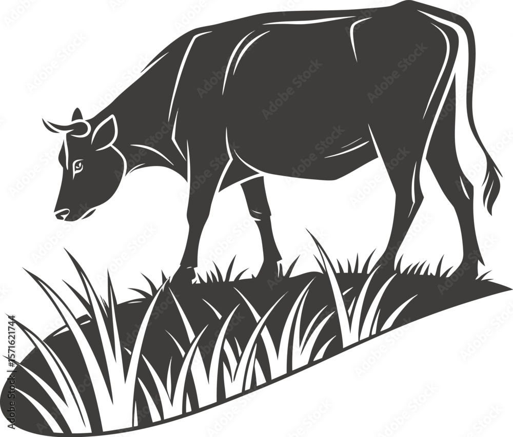 Fototapeta premium Grazing Cow with Leafy Branch – Organic Farm Vector Illustration 
