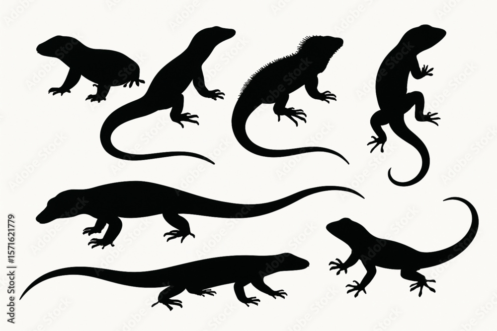 Naklejka premium Set of Big Lizard Silhouettes Vector on White Background — Reptile Icons Collection