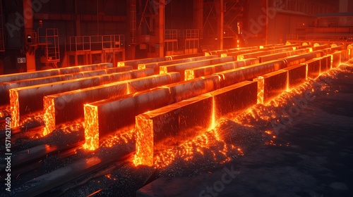 Wallpaper Mural Modern steel rolling mill with synchronized machinery shaping glowing steel rods.  Torontodigital.ca