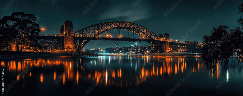 Naklejka premium Illuminated sydney harbour bridge reflection at night displaying stunning city lights