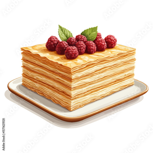 Napoleon cake covered with cream and raspberries and mint leaves on a transparent background on a plate