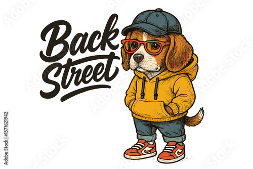 Stylish dog wearing hoodie and glasses poses confidently on a colorful background in a fun urban setting