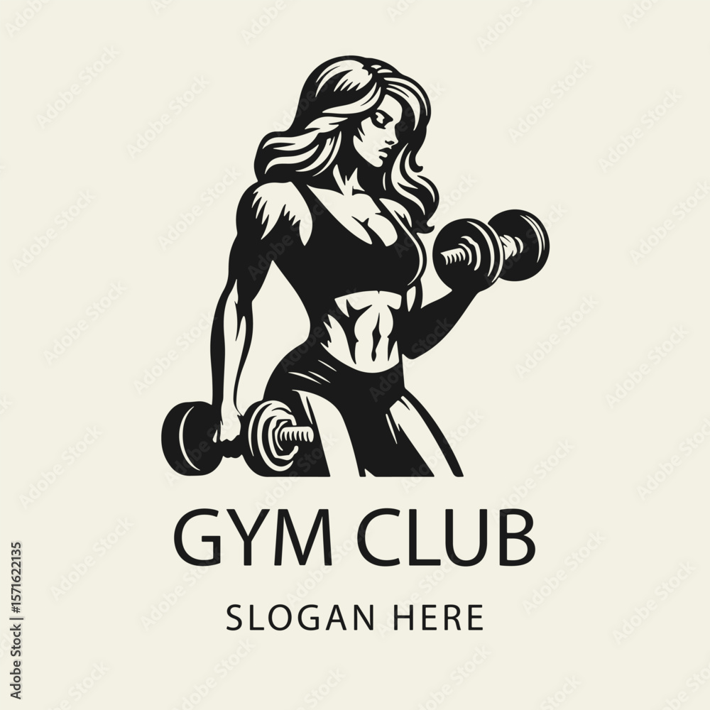 Fototapeta premium Black and white flat vector logo of a sporty woman lifting dumbbells. Great for fitness studios, personal coaching, gym branding, and wellness campaigns.