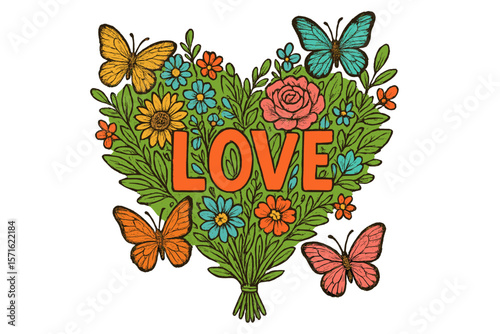 Colorful floral design featuring butterflies and the word love in a heart shape on a white background