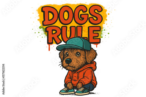 Cute cartoon dog in a cap and hoodie promotes the love for pets in vibrant street art style