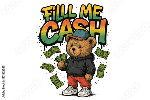 Cartoon bear character holding money and wearing a cap and hoodie in a vibrant urban style with playful colors