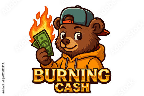 Cute bear character holding cash with flames in the background at an engaging event in a fun, vibrant style