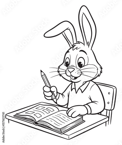 Detailed Cartoon Illustration of a Bunny Studying at a Desk