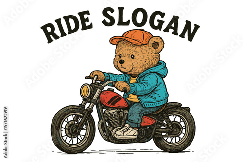 Cute bear on motorcycle with cap depicting adventure and freedom in playful illustration
