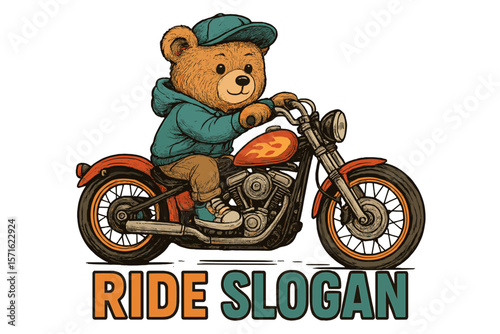 Cute bear riding a motorcycle in a vibrant illustration featuring playful text in an urban setting