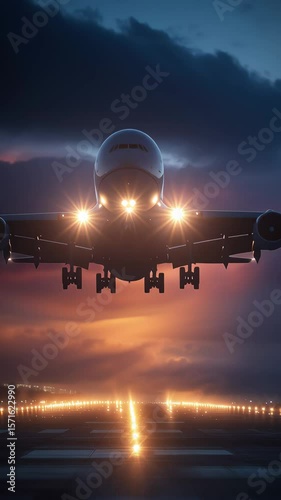 Airplane Landing at Night: A large passenger plane approaches the runway for landing at night, its landing lights illuminating the tarmac against a dramatic, dark sky.